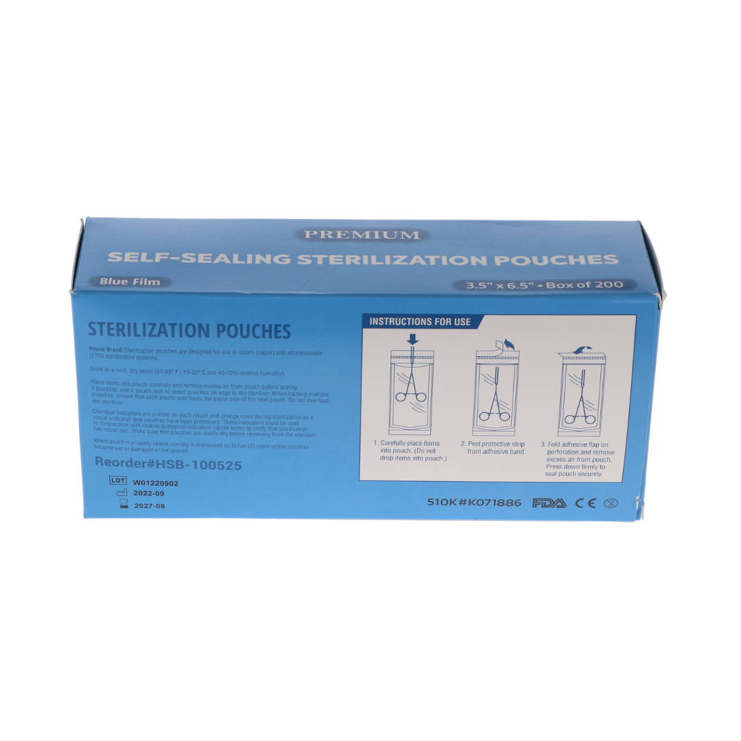 Sterilization Pouch, Class 4, Self-Sealing, Blue Film, 3.50" x 6.5", 200/Pk